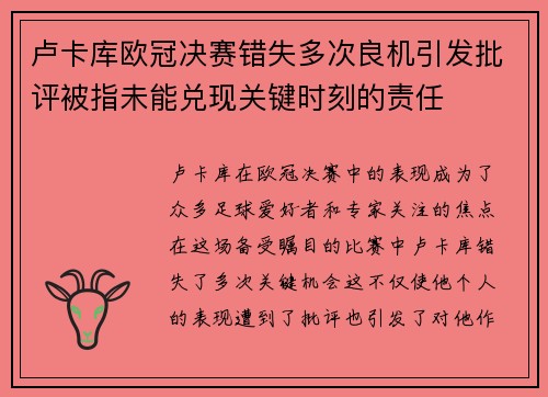 卢卡库欧冠决赛错失多次良机引发批评被指未能兑现关键时刻的责任
